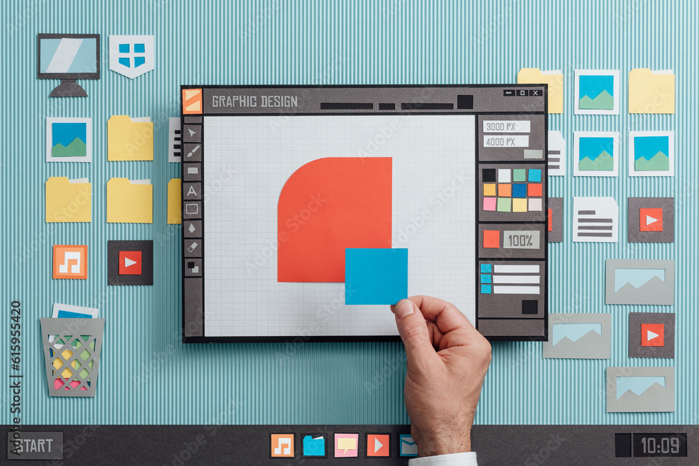 Aufkleber graphic design and vector illustration software interface: a designer is making a composition with s