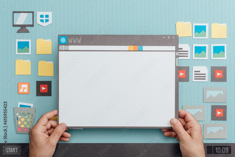 Poster blank web page on a browser, the user is holding the window, internet and communication concept, col