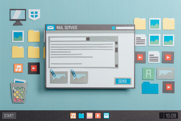 Open mail text with attachments on an e-mail reader window, collage and paper cut composition