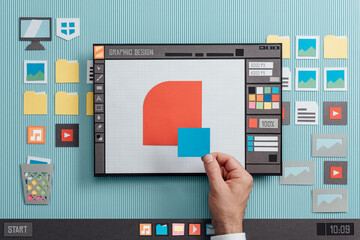 Graphic design and vector illustration software interface: a designer is making a composition with shapes, collage and paper cut composition - Powered by Adobe