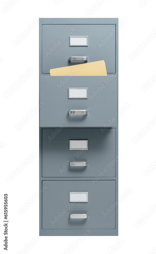 Aufkleber filing cabinet with open drawer on white background, storage and administration concept