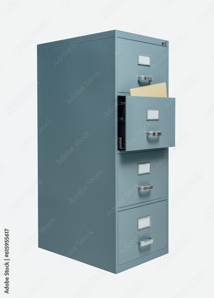 Aufkleber filing cabinet with open drawer on white background, data storage and administration concept