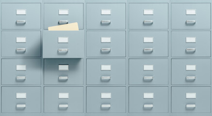 Wall mounted filing cabinets, a drawer with files inside is open, administration and business...