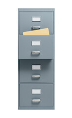 Filing cabinet with open drawer on white background, storage and administration concept
