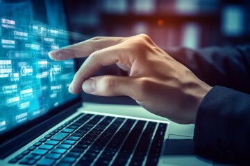 Businessman hand Browsing Internet Data Information Search engine. Networking Concept. Generative AI