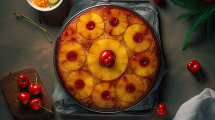 an upside pine cake with cheres and cheres in the middle, on a dark background surrounded by cherrys