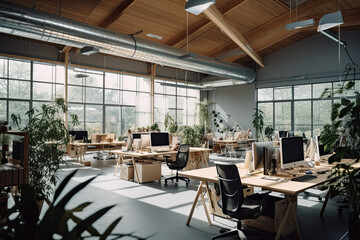 Fototapeta premium an office space with lots of plants in the corners and large windows that look out to the trees outside
