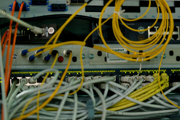 close-up of a pile of network patch cables sorted in a rack cabinet leading from a patch panel in a server rack in a data center room