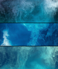 White paint spill flowing in blue water, abstract background, banner set