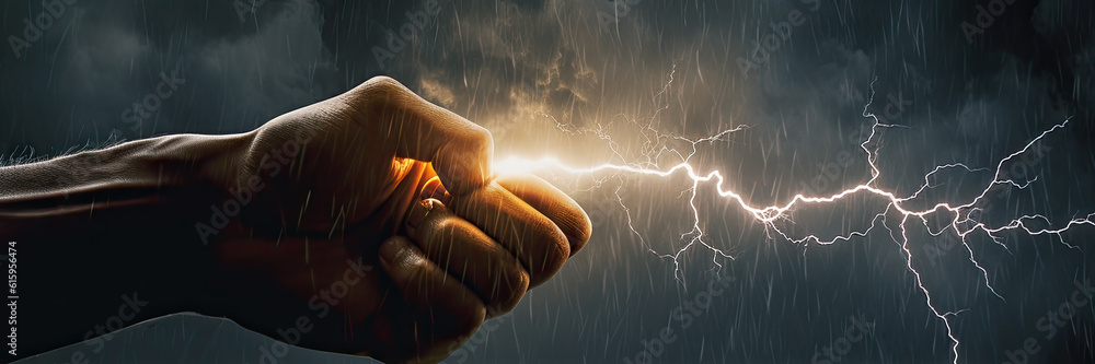 Wall mural a hand with a lightning poster with copy space - generative ai