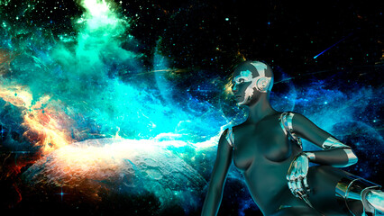 Fototapeta na wymiar Cyborg Woman - Humanoid looking the space - 3D rendering