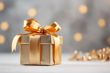 A gold gift box with a gold bow. Generative AI. Christmas gift box.