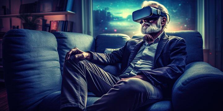 A senior man in VR headset poster with copy space - Fictional Person, Generative AI