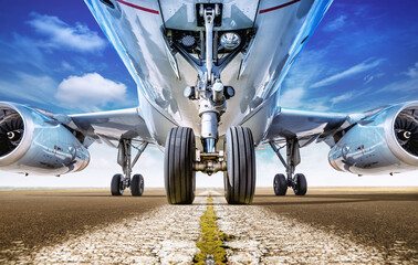 aircraft on a runway is waiting for take off - obrazy, fototapety, plakaty