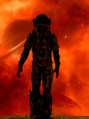 Space traveler looking a big planet in deep space - 3d rendering