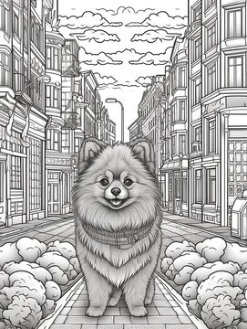  AI generated.Antistress coloring book for adults. Yorkshire terrier in thecity street