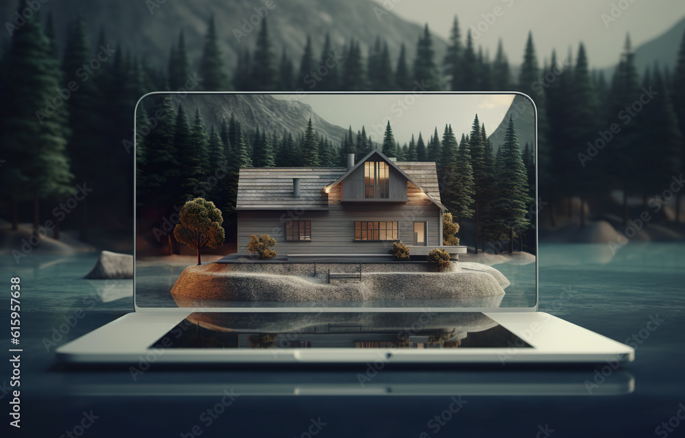 Poster a tablet computer with a small house on top of it. generative ai image.