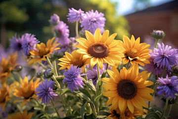 cluster of sweet flowers purple white and yellow created with Generative AI technology
