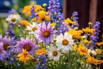 Fototapeta premium cluster of sweet flowers purple white and yellow created with Generative AI technology
