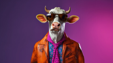 portrait of a cow wearing fashion clothes and sunglasses