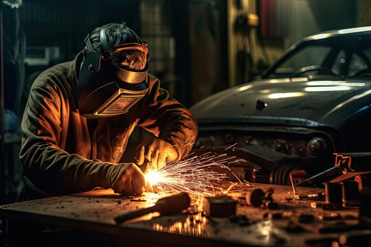 a welder working on a piece of metal in a car repair shop with sparks coming from the welding torch
