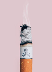 Cigarette burning with skull and bones symbol, smoke addiction and illness concept