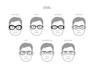 Set of Oval frame glasses on men face character fashion accessory illustration. Sunglass front view silhouette style, flat rim spectacles eyeglasses with lens sketch style outline isolated on white