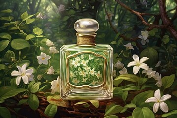 Floral perfume with jasmine flower scent. Glass bottle, scent spray bottle with fragrance. ai generative