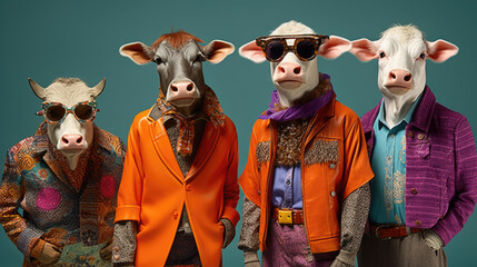 Cool cow's boy band with colorful suit created with Generative AI technology
