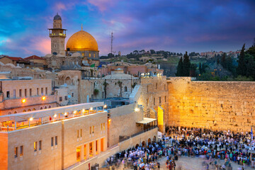 Fototapeta premium Cityscape image of Jerusalem, Israel with Dome of the Rock and Western Wall at sunset.