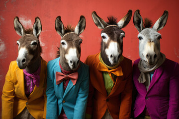Cool donkeys boy band with colorful suit created with Generative AI technology