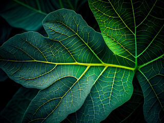 Background of large bright green leaves of a tree. Generative AI