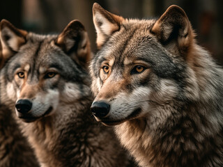 Obraz premium Portrait of a wolf against the background of other wolves, close-up. Generative AI