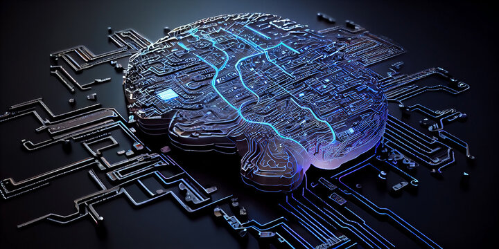 Glowing human electronic brain on an electronic circuit board. Generative AI