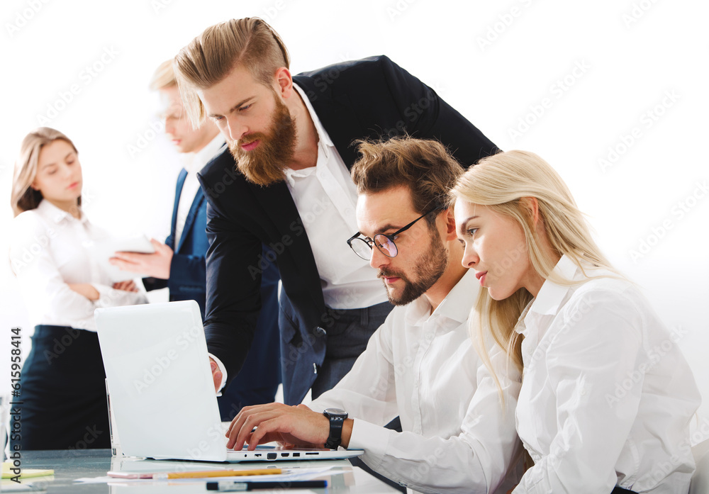 Poster businessman in office connected on internet network with a computer. concept of startup company