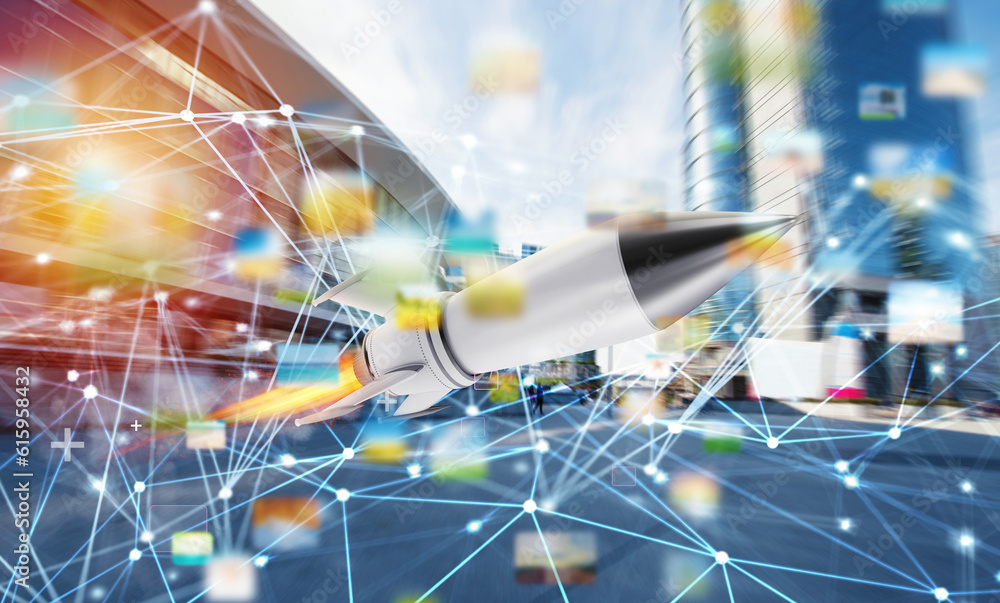 Poster rocket fly fast with internet connection network background and skyscrapers. concept of startup and 