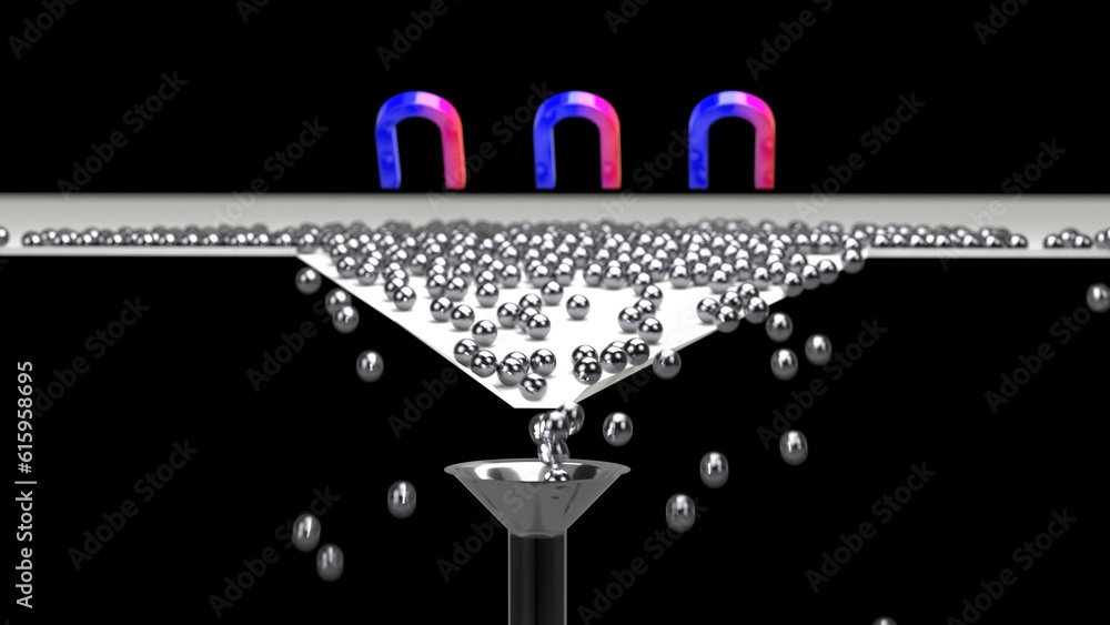 Poster 3d rendering of balls arrange with magnet and funnel, 3d render