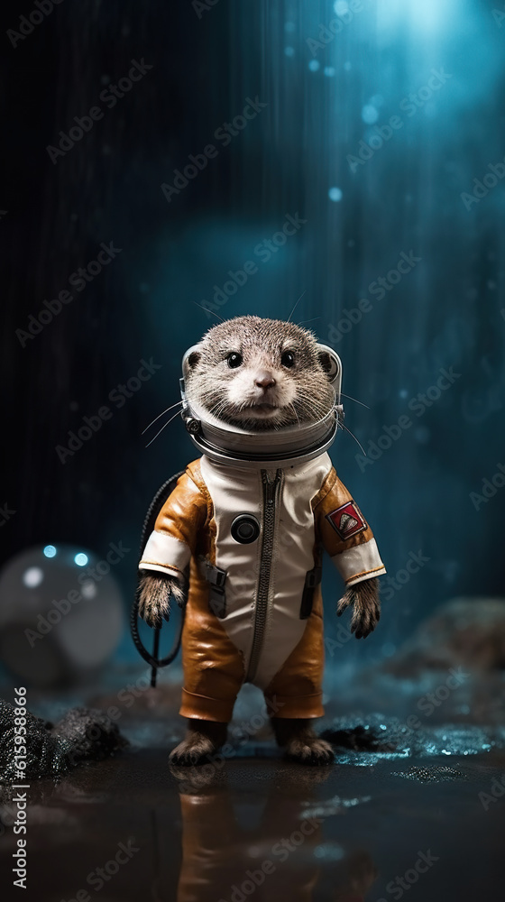 Poster an otter in a space suit standing in a puddle of water. generative ai.