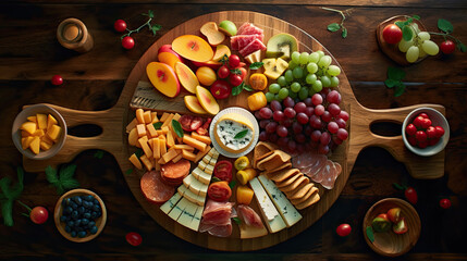 various fruits and cheeses on a wooden cutting board with bowls of fruit, grapes, apples, pears