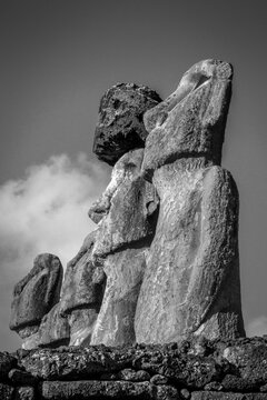 Moais statues, ahu Tongariki, easter island, Chile. Black and white picture