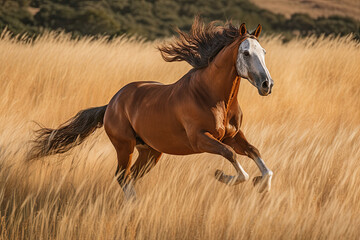 Obraz premium a horse running through the tall brown grass in an open field with trees and mountains in the photo is clear
