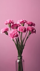 A vase filled with pink carnations against a pink background. Generative AI.