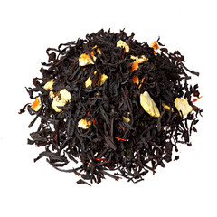 Black tea with orange peels. High resolution photo.