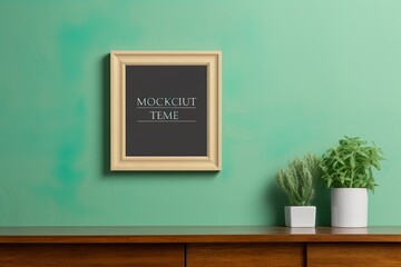 mockup photo frame green wall mounted on the wooden cabinet | Generative AI