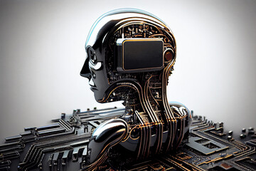 Electronic brain or intellect. The head of a humanoid robot growing from a microprocessor on an electronic circuit. Generative AI