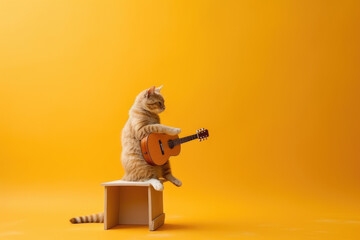 cat with guitar on stool 
