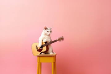 cat with guitar on stool 