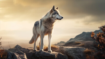 A huge wolf standing on a rocky mountain at sunset