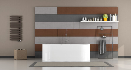 Gray and brown minimalist bathroom with bathtub - 3d rendering