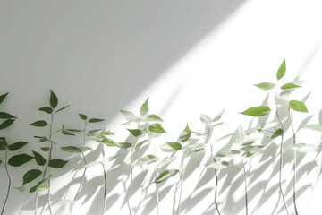 Blurred shadow from leaves plants on the white wall. Minimal abstract background for product presentation. Ai Generated